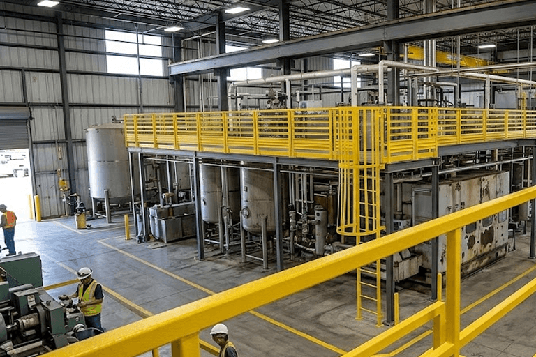 Plataforma industrial com guarda-corpos e escadas em PRFV amarelo dentro de uma planta