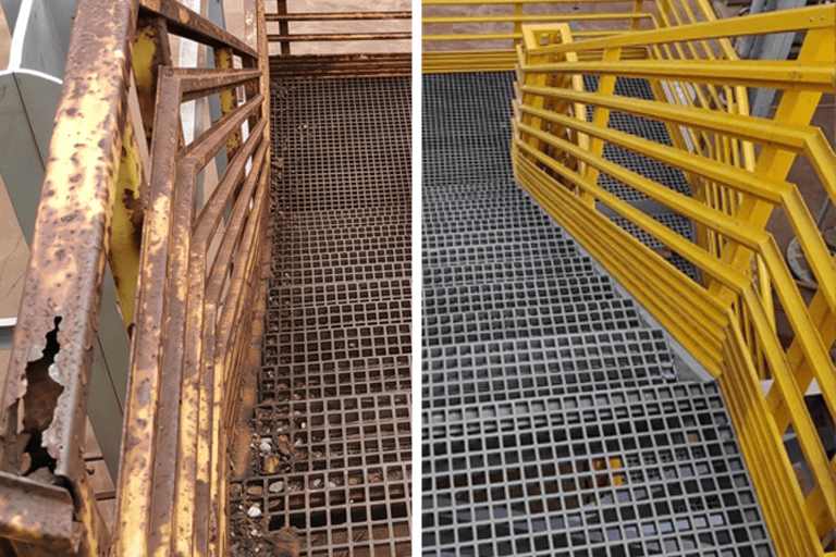 Comparação entre escada metálica corroída e escada em PRFV amarelo com grade de piso