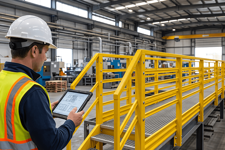 Profissional com capacete e tablet ao lado de plataforma industrial em PRFV amarelo